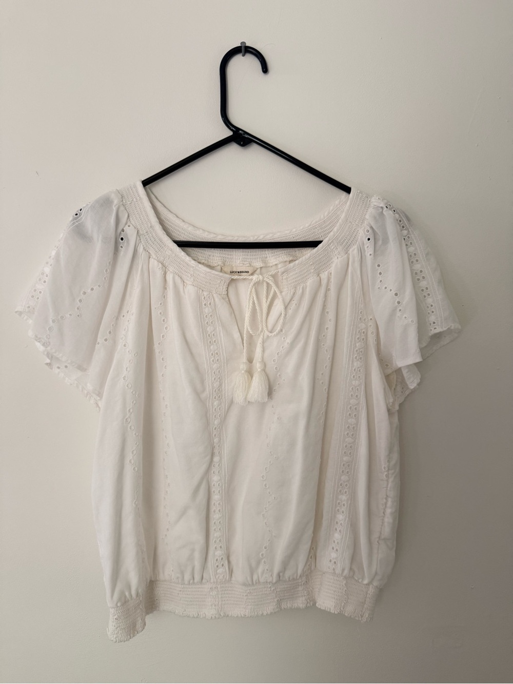 Lucky Brand White Eyelet Tassel Peasant Blouse